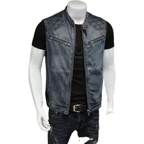 Mens Stand Collar Motorcycle Biker Denim Vest Vintage Zipper Cowboy Wasitcoat Men Casual Cotton Sleevless Jean Jacket Coat M-6XL