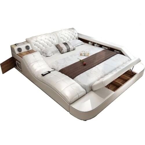Genuine leather bed frame Soft Beds massager storage safe speaker LED light Bedroom cama muebles de dormitorio / camas quarto