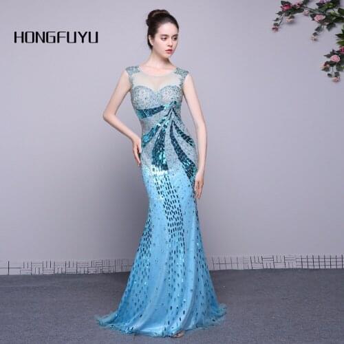 100% Real Sample Scoop Neck Tulle Beading Trumpet Long Evening Dresses 2019 Elegant Sequined Floor Length Evening Dress SMLA010