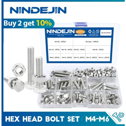NINDEJIN External hex hexagon head bolt and nut screw kit M4 M5 M6 stainless steel hex bolts and nuts kit hex cap screw nut