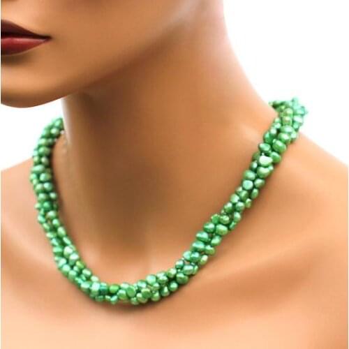 Unique Pearls jewellery Store Light Green Color 3 rows Baroque Genuine Freshwater Pearl Necklace Free Silver Earrings