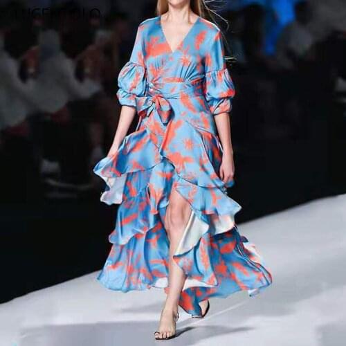 Sexy Dress Women Trendy V-neck Party Dresses Puff Sleeve High-waist Lace-up Ruffled Irregular Cake Print Long Dress Lugentolo