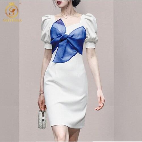 SMTHMA 2021New Fashion Korea Chic Style Female Bow-Knot Summer Dress Womens Puff Short-Seeved Sweet Elegant Dress Vestidos