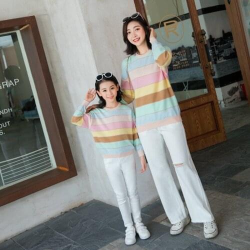 Mommy and Me Striped Sweater Family Matching Outfits Outerwear Casual Rainbow Sweater Autumn Winter Girls Kids Fashion Clothes