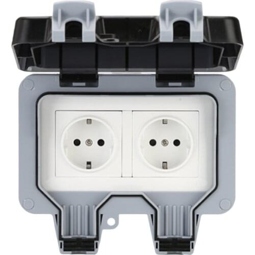 TOP IP66 Weatherproof Waterproof Outdoor Wall Power Socket 16A Double EU Standard Electrical Outlet Grounded EU Plug