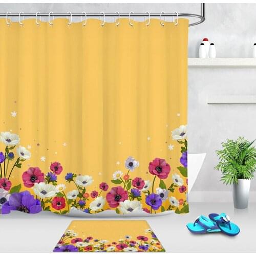 Spring Wild Flower Shower Curtains Brown Bath Curtains Mildew Proof Waterproof Polyester Fabric Bathroom Curtain with 12 Hooks