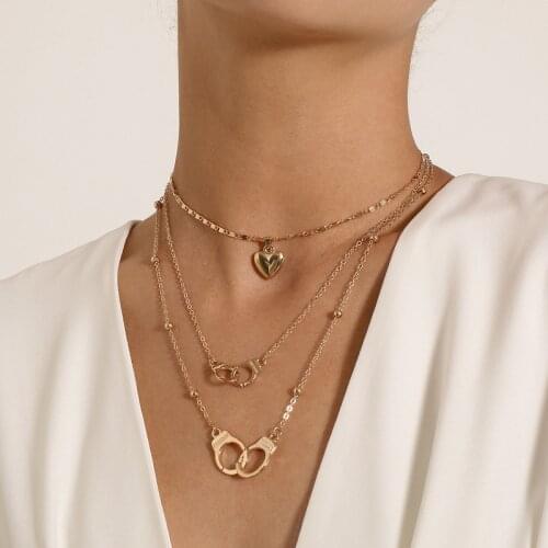 Vintage Multilayer Choker Heart Handcuff Pendant Chain Necklace for Women Girl Gold Silver Color Party Fashion Jewelry Gift