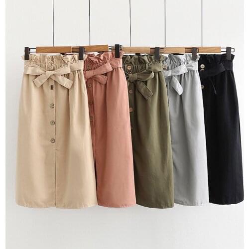 GIGOGOU High Waist Cotton Women Skirt Spring Summer Casual A Line Skirt Pocket Lace up Medium Long Pleated Skirt With Belt