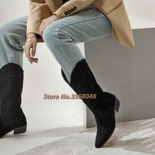 Suede Medium Heel Boots Medium Block Heel Black Brown Mid-Calf Boots Slip On Pointed Toe Fashion Dress Runway Women Boots