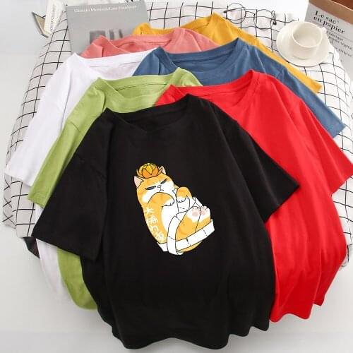Aesthetic Cool Neck New T Shirt Women The Cat Has An Orange On Its Head Graphic T-shirt Breathable Kawaii Streetwear Tshirt