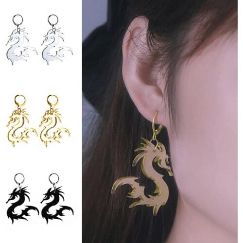 New Women Earring Retro Chinese Style Mirror Surface Arcylic Dragon Earrings Gold Silver Color Punk Animal Drop Earrings Jewelry