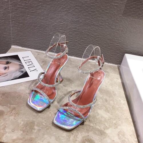 Sandals for Women Rhinestone Crystal High Heels Front Rear Strap Square Toe Peep Toe Sewing Super High Heels Strange Style