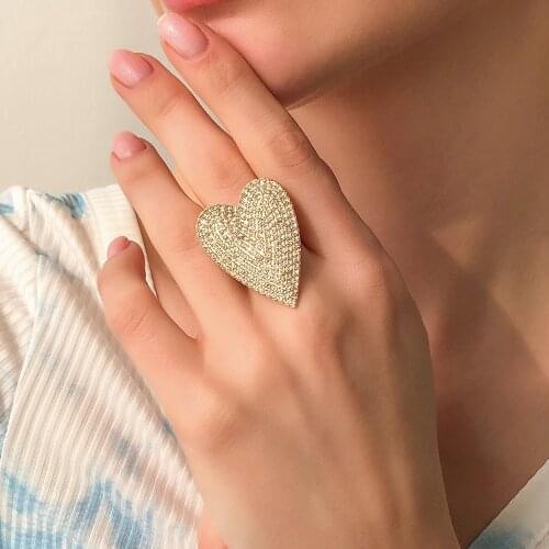 Cute Heart Big Band Ring with Bling Crystal Stone for Women Bridal Wedding Engagement Adjustable Finger Ring Fashion Jewelry