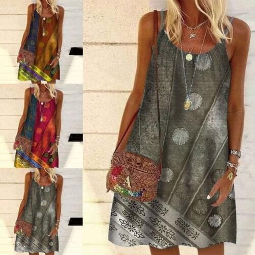 Women Summer Sleeveless Scoop Neck Loose Midi Long Dress Boho Multicolor Circle Striped Print Beach Sling Sundress