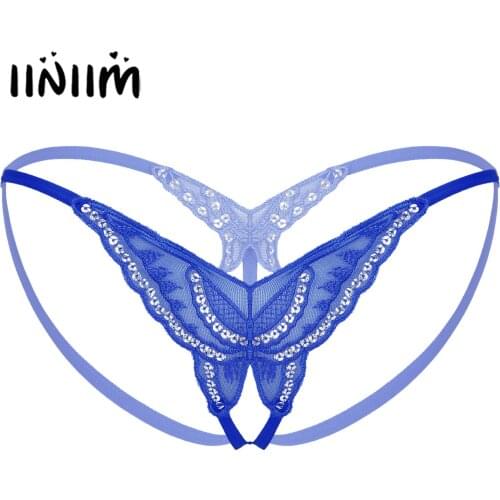 Womens Lingerie Crotchless Underwear Sexy Open Butt Thongs Panties Sequined Lace Butterfly Low Waist T-back G-string Briefs