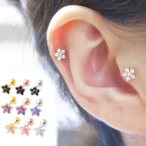 1pc Stainless Steel Fashion Flowers Zirconia Cartilage Cz Earring For Women Crown Helix Ear Studs Piercing Party Gifts Jewelry