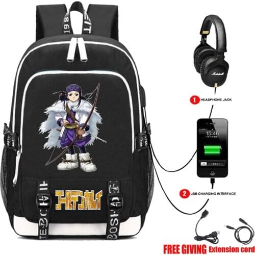 Anime Golden Kamuy backpack USB Charging Headphone jack Unisex Travelbag Laptop Rucksack Teenagers student book bag 8 style