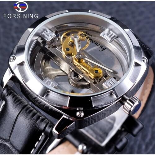 Forsining Official Exclusive Sale Double Side Silver Transparent Case Fashion Business Wrist Watch Skeleton Automatic Men Watch