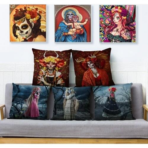 Mexico Day of the Dead Skull Pillow Cover 45*45cm Cartoon Linen Cushion Covers Sofa Pillow Case Home Decoration Pillowcase