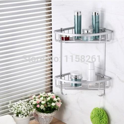 VidricShelves 2 Layer Rack Metal Shower Corner Shelf Towel Hook Washing Shampoo Basket Bathroom Accessories Wall Holder 2515