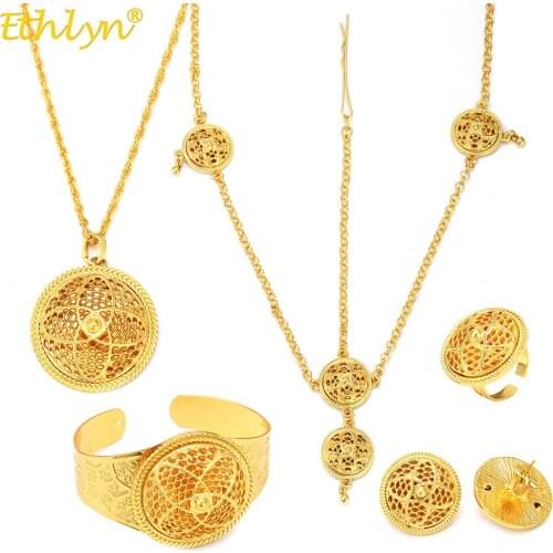 Ethlyn Eco-Friendly Gold Color Dubai Bridal Wedding Round Pendant Necklace Ring Ethiopian Jewelry Sets Jewellery 5pcs S321