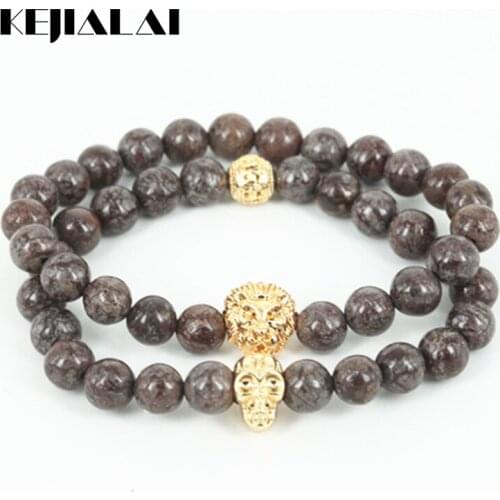 KEJIALAI Hot Beaded Gold Color Lion Head Men Bracelet Natural Snowflake Round Stone Beads Women Skull Head Bracelet Gift A0600