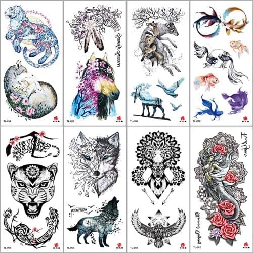 Colorful Watercolor Animal Print Deer Bird Temporary Fake Tattoo Sticker For Women Cool Tiger Wolf Body Art Waterproof Arm Tatoo