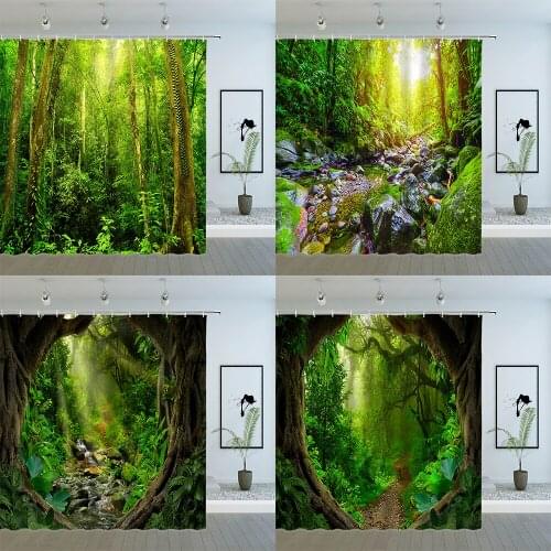 Forest Landscape Shower Curtains Vine Tree Green Leaves Plant Natural Scenery Pattern Bathroom Cloth Hanging Curtain Sets Cheap