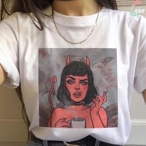 Summer Love&Hell Print T-shirt Chic Harajuku Vintage Kiss Me Large Size T Shirt Loose Fashion Angel And Devil Tshirt Women Top