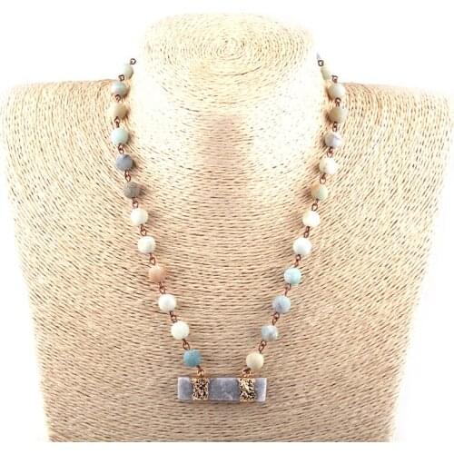 Fashion Bohemian Tribal Jewelry Semi Precious Stones Rosary Chain Stone Rectangle Druzy Pendant Necklace Women Ethnic Necklace