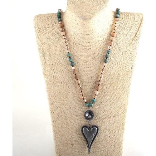 MOODPC Fashion Bohemian Tribal Jewelry Stone Long Knotted Chain Crystal Links Metal Heart Pendant Necklaces D