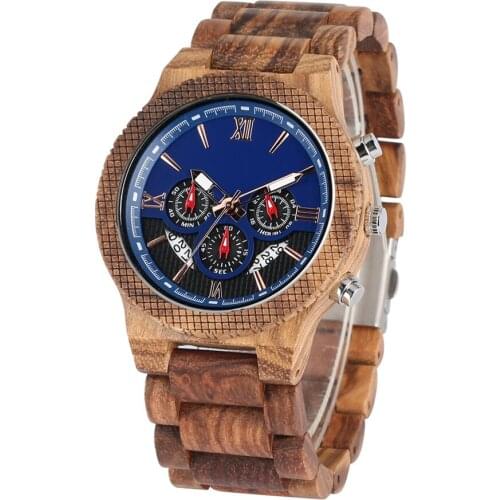 Brown Wooden Men Watch Chronograph Dial Calendar Display Folding Clasp Full Wood Watch Strap New Fashion 2019 Quartz Male Clock