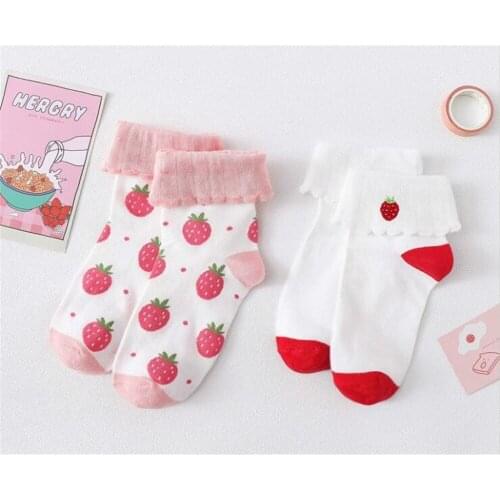 Lolita Girl Pink Socks Cotton Cartoon Fruit Print Cute Socks Strawberry Women Socks D225