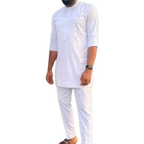 Solid White Mens Suits Senator Style Cotton Half Sleeve Tops With Pant African Fashion Wedding Party Male Outfits Customized