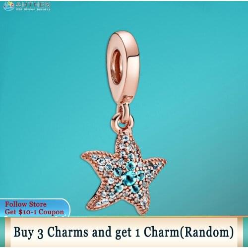 Ahthen 925 Sterling Silver Beads Sparkling Starfish Dangle Charms fit Original Pandora Bracelets Women Jewelry Making Girl Gift