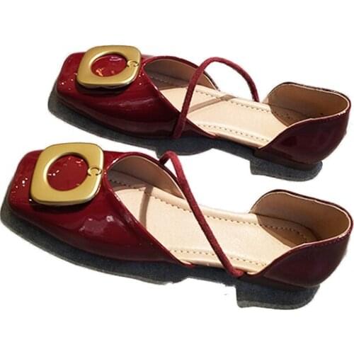 Spring and Summer Flat Square Toe Hollow Single Shoes Women Shallow Mouth Square Buckle Soft Sole Shoes Comfortable Sandals