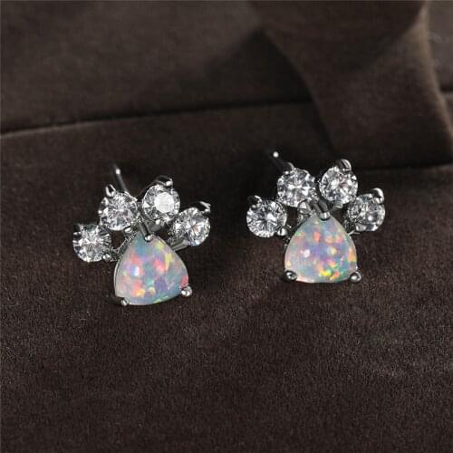 Cute Cat Paw White Fire Opal Heart Stone Stud Earrings For Women Wedding Jewelry Rainbow Crystal Rose Gold Silver Color Earrings