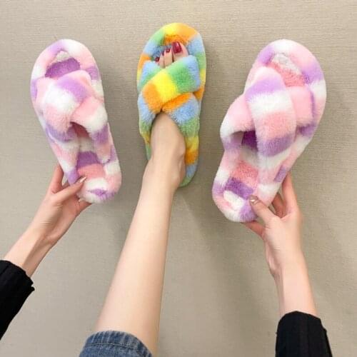Fashion Color Matching Home Ladies Plush Slippers Autumn And Winter Large Size Rainbow Color Bedroom Girl Open-Toed Plush Slippe
