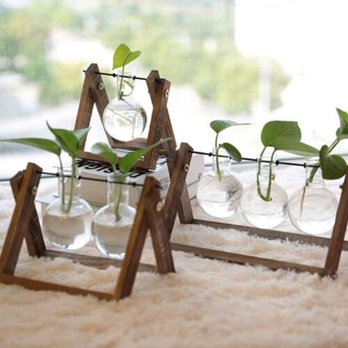 Hydroponic Vase Simple Desktop Plant Terrarium Glass Planter Bulb Vase with Wooden Stand For Hydroponics Plants