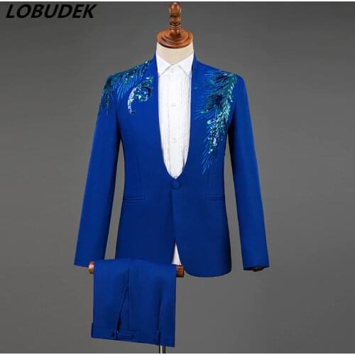 Stand-Collar Mens Suits Wedding Groom Dress Shining Sequins Blazers SUIT Male Singer Host Stage Outfits Performance Costumes