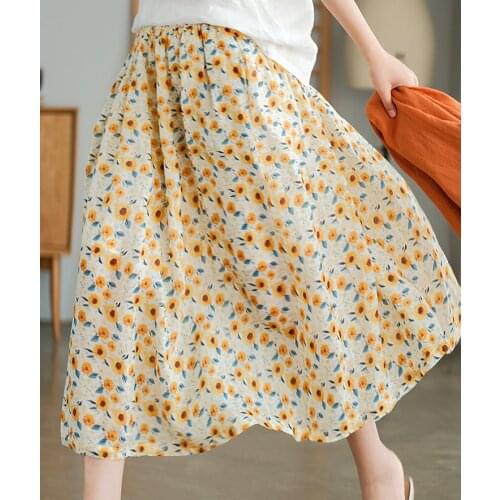 Summer Mori Girls Floral Skirt Women Loose Elastic Waist Comfortable Loose Mid-Calf A-Line Women Skirts Cotton Ramie falda mujer
