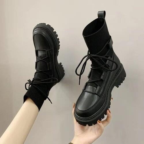 2021 Black Platform Combat Ankle Boots For Women Lace Up Buckle Strap Woman Shoes Winter Biker Boots Big Size