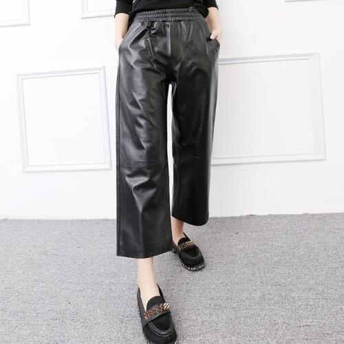 Europe style womes spring autumn genuine wide-leg hot fahion high quality real leather sheepskin ninth pant A589