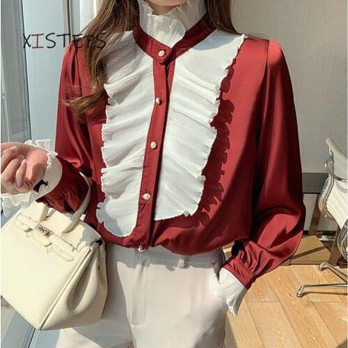 Women Red Chic Satin Shirts Female Ruffled Blouses Artificial Silk Casual Shirts 2021 Puff Sleeve Tops Ladies Clothings
