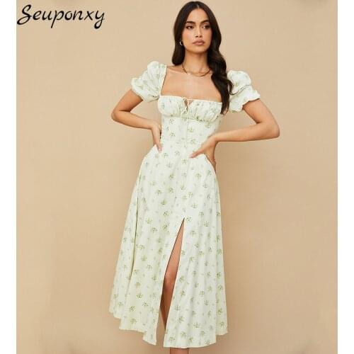 High Quality 2021 Summer Sexy Square Neck Puff Sleeve Backless Dress Elegant WomenS Printed Side Slit Holiday Dress Vestidos