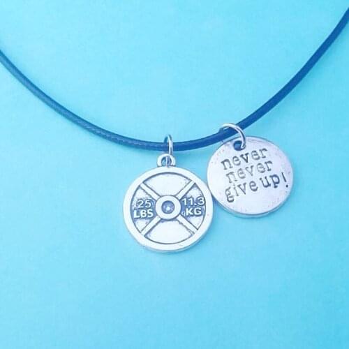 25 LBS WEIGHT Quote Gym Never Give Up Necklace Vintage Silver Charms Choker Collar Necklace Pendant For Women Jewelry Gift NEW