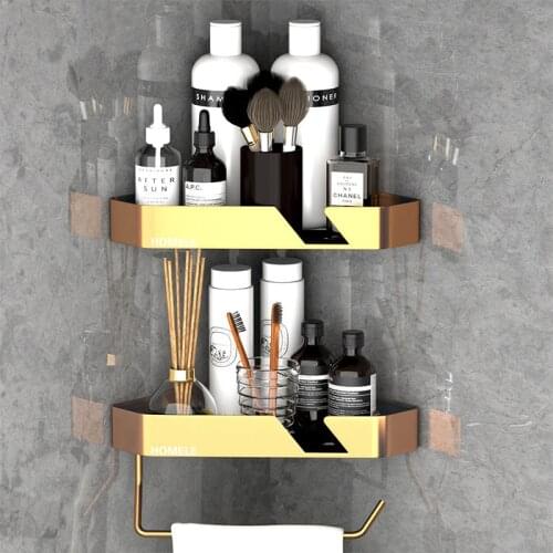 Gold Wall Mounted Corner Storage Rack Towel Bar Holder Robe Hook For Bathroom Shelves Square Basket Hanger Kitchen Accessories