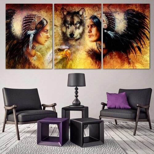 3pcs/set Modern art Decorative diy 5d diamond embroidery Indigenous People With Wolf,5d diamond Painting Home decor Wall Picture