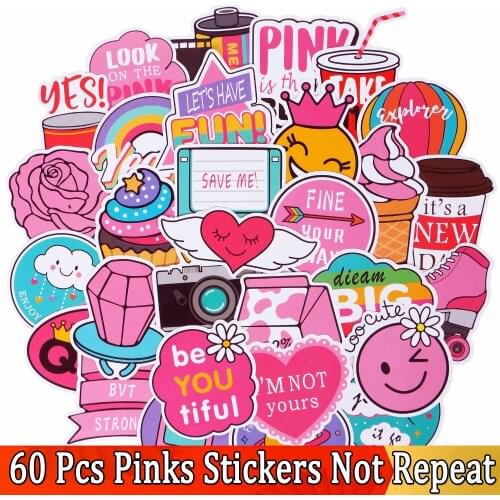 60 PCS Pink Color Girls Stickers Cartoon Funny JDM DIY Laptop Decals Skateboard Luggage Bicycle Toy Car Sticker