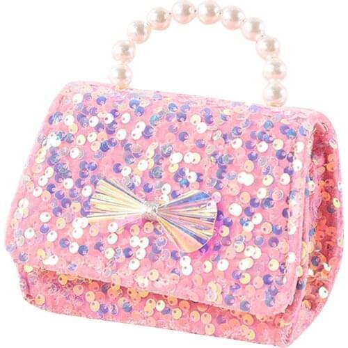 Glitter Sequin Handbag Cute Princess Kids Girls Shoulder Bag Fashion Pearl Chain Bow Shoulder Crossbody Bag Girl Birthday Gifts